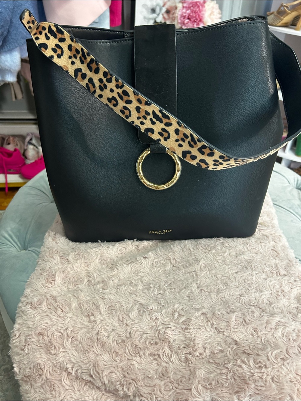 Black Bucket Shoulder Bag with Animal Print Strap